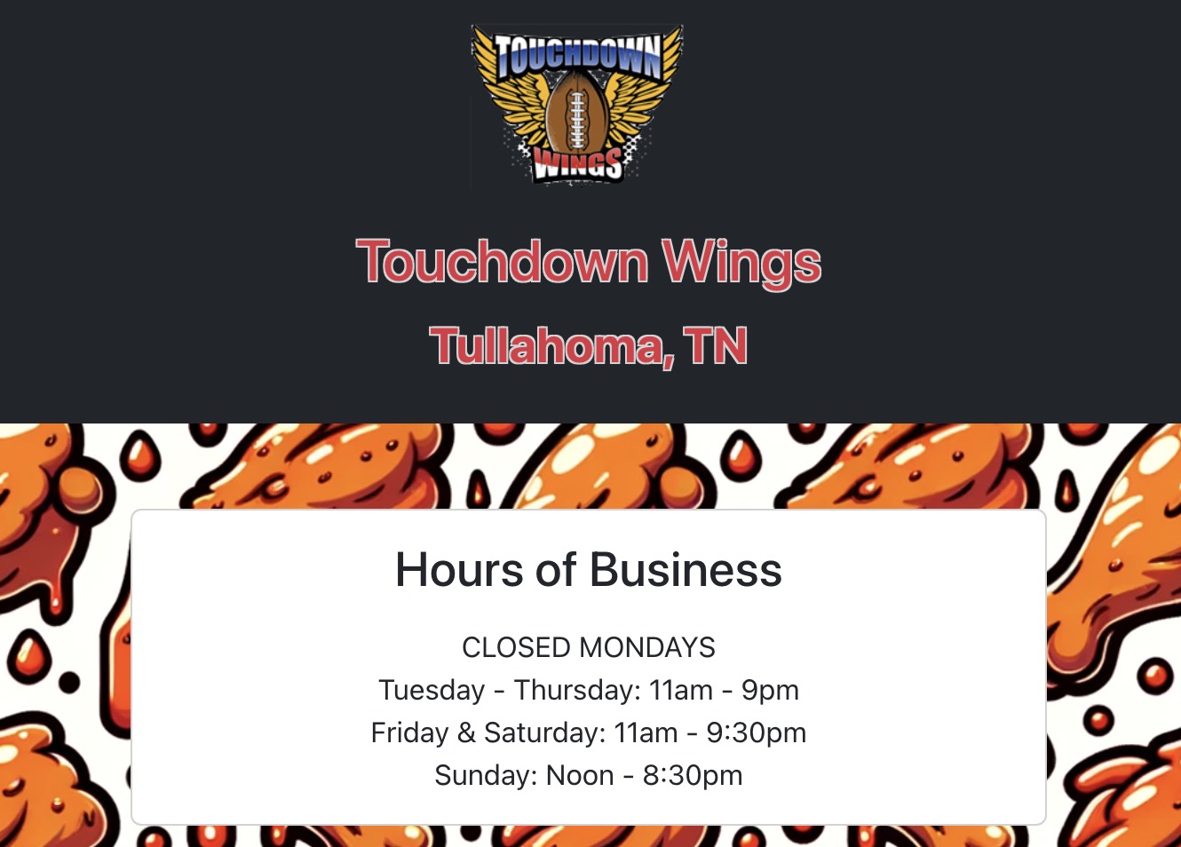 Preview of the Touchdown Wings website